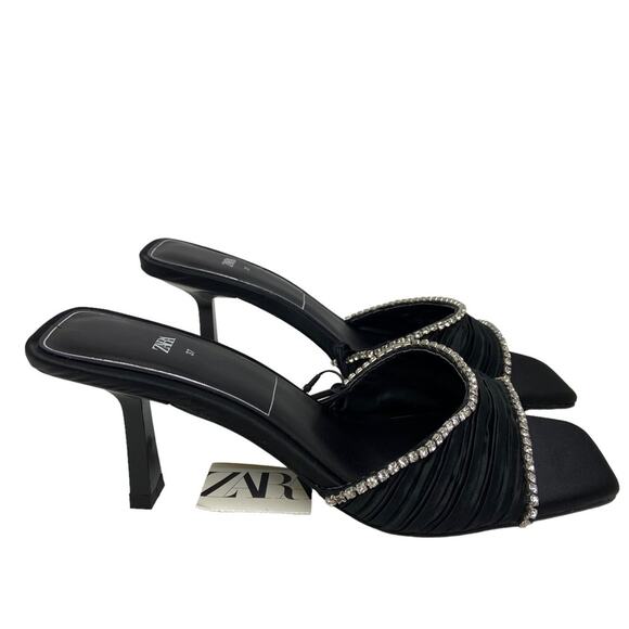 New Zara Crystal Trim Open Square Toe Black Satin Mule Slide Sandals Size 6.5 - Picture 8 of 15